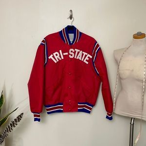 VINTAGE 90s embroidered red white and blue Tri State nylon bomber jacket